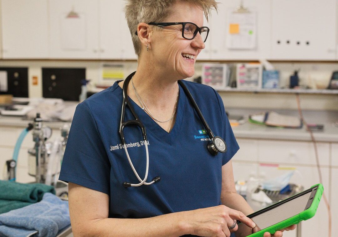 smiling female veterinarian holding a tablet